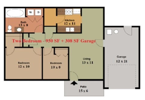 A floor plan of a house with two bedrooms, a living room, a kitchen, a bathroom, and a garage.